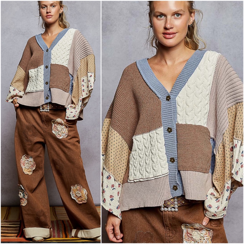 M POL Patchwork Cable Knit Cardigan in Brown, Cream, Blue